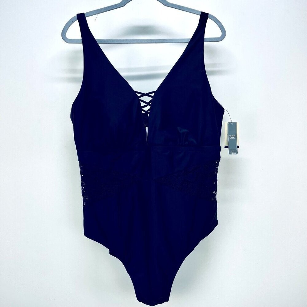 Terra & Sky Swimsuit Size 2X 20W-22W Women's Lattice Front One-Piece Black